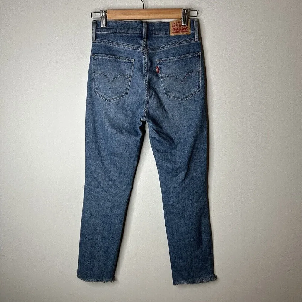 Levis Jeans Womens 724 High Rise Straight Crop Blue Stretch Denim Distressed 25‎
